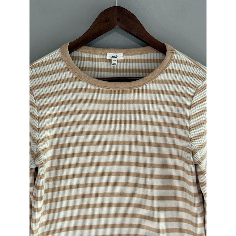 Aerie Waffle Knit Long Sleeve Top Crewneck Tee Thermal Casual Texture Striped Lg - Picture 3 of 13